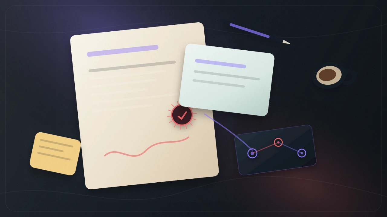 Prompt contract scene with layered documents, signed proof path, and evidence pins.